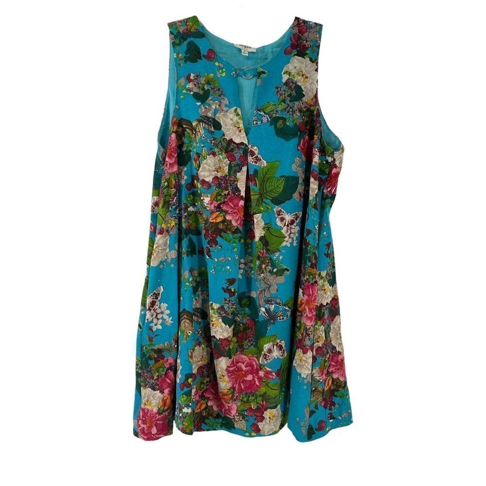 Umgee Dress Blue Floral Butterfly Keyhole Neck Swing Babydoll Size M Boho Preppy